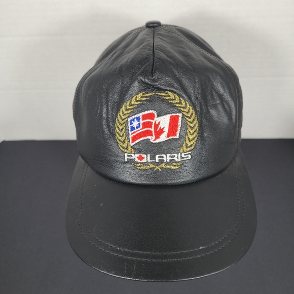 Vintage Other - Vintage Polaris Genuine Leather Hat Cap Black Embroidered Hook Loop Buckle